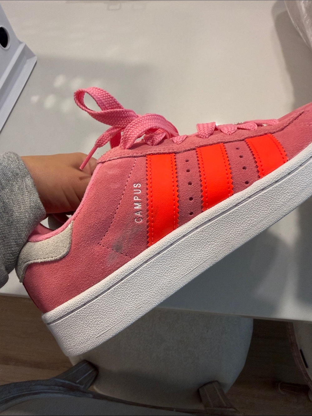 Brand new never worn Adidas' Pink campus Sneakers with Neon Orange- red stripes - Picture 8 of 8